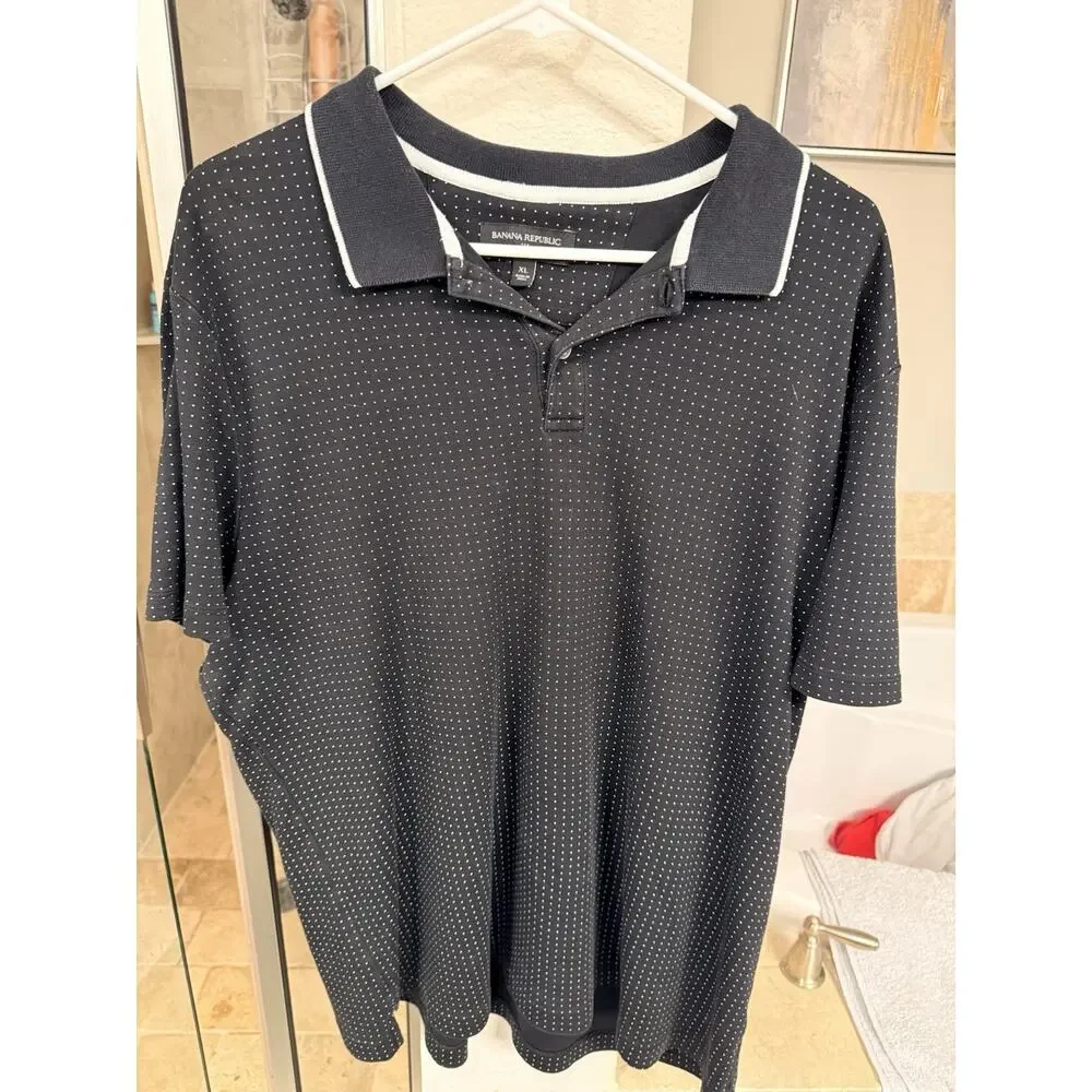 Banana Republic Mens XL Black Polka Dot Polo Shirt Cotton Casual Preppy Golf